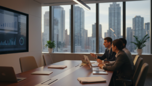 A photorealistic depiction of a corporate boardroom setting, emphasizing "board oversight." In the foreground, a diverse group of three professional individuals, including men and women of different ethnicities, dressed in smart business attire, are engaged in a discussion around a sleek conference table. They are reviewing documents and pointing at a digital presentation screen displaying graphs and charts. In the middle ground, modern office furniture and a window showcasing a city skyline add an air of professionalism. The background is softly blurred to highlight the directors, with warm ambient lighting casting a positive and focused atmosphere. The camera angle is slightly elevated, giving a clear view of the interactions while keeping the setting dynamic and engaging, suitable for an informative article about corporate governance.