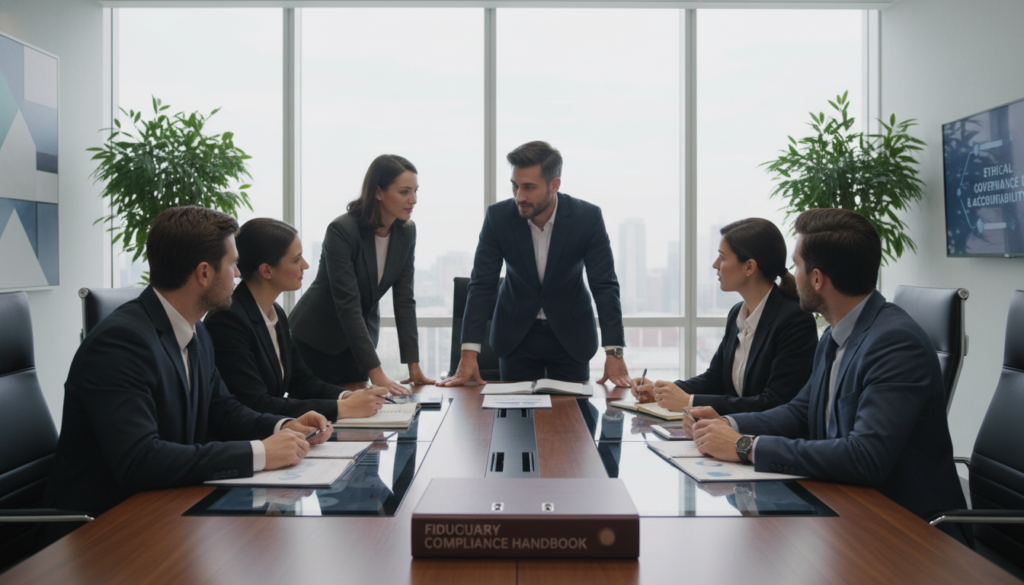 A photorealistic depiction of a corporate boardroom setting, emphasizing fiduciary duties and ethical decision-making. In the foreground, a diverse group of business professionals in formal attire—both men and women—are engaged in a collaborative discussion around a sleek, modern conference table, with documents and digital tablets in front of them. The middle layer showcases a large window that lets in soft natural light, creating a bright and inviting atmosphere, highlighting the serious yet positive mood of the meeting. In the background, a minimalist decor reflects professionalism, with abstract art on the walls and plants for a fresh touch. The image should capture the essence of accountability and teamwork in a corporate environment, visually representing the important topic of compliance responsibilities. A photorealistic depiction of a corporate boardroom setting, emphasizing fiduciary duties and ethical decision-making. In the foreground, a diverse group of business professionals in formal attire—both men and women—are engaged in a collaborative discussion around a sleek, modern conference table, with documents and digital tablets in front of them. The middle layer showcases a large window that lets in soft natural light, creating a bright and inviting atmosphere, highlighting the serious yet positive mood of the meeting. In the background, a minimalist decor reflects professionalism, with abstract art on the walls and plants for a fresh touch. The image should capture the essence of accountability and teamwork in a corporate environment, visually representing the important topic of compliance responsibilities.