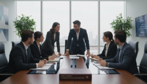 A photorealistic depiction of a corporate boardroom setting, emphasizing fiduciary duties and ethical decision-making. In the foreground, a diverse group of business professionals in formal attire—both men and women—are engaged in a collaborative discussion around a sleek, modern conference table, with documents and digital tablets in front of them. The middle layer showcases a large window that lets in soft natural light, creating a bright and inviting atmosphere, highlighting the serious yet positive mood of the meeting. In the background, a minimalist decor reflects professionalism, with abstract art on the walls and plants for a fresh touch. The image should capture the essence of accountability and teamwork in a corporate environment, visually representing the important topic of compliance responsibilities.