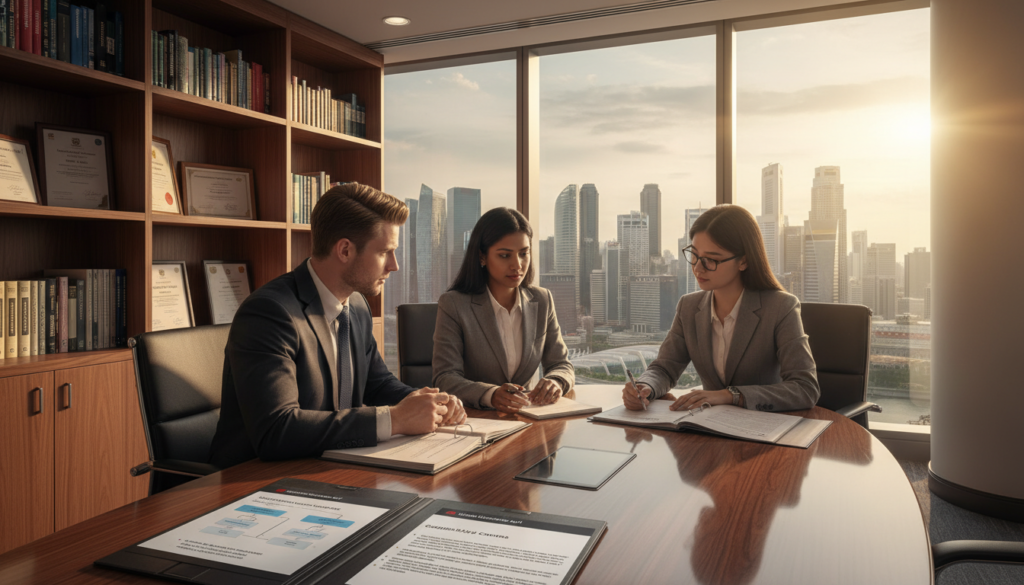A photorealistic depiction of a corporate office environment focused on the legal requirements for appointing a corporate secretary in Singapore. In the foreground, a diverse group of three professionals, including a man and two women, dressed in formal business attire, is engaged in a discussion around a sleek conference table. They are analyzing documents that outline the legal responsibilities and qualifications for a corporate secretary. The middle ground features a large window with natural light pouring in, showcasing the skyline of Singapore. In the background, shelves are lined with business law books and framed certificates depicting corporate compliance. The atmosphere is serious yet collaborative, emphasizing professionalism and focus, with soft, warm lighting throughout the scene. A photorealistic depiction of a corporate office environment focused on the legal requirements for appointing a corporate secretary in Singapore. In the foreground, a diverse group of three professionals, including a man and two women, dressed in formal business attire, is engaged in a discussion around a sleek conference table. They are analyzing documents that outline the legal responsibilities and qualifications for a corporate secretary. The middle ground features a large window with natural light pouring in, showcasing the skyline of Singapore. In the background, shelves are lined with business law books and framed certificates depicting corporate compliance. The atmosphere is serious yet collaborative, emphasizing professionalism and focus, with soft, warm lighting throughout the scene.