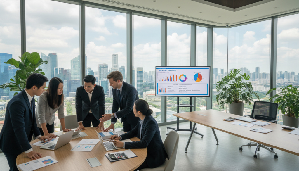 A photorealistic depiction of a modern Singaporean office space focused on outsourced accounting services. In the foreground, a diverse group of professionals, dressed in sharp business attire, engaged in a discussion over financial reports and laptops. The middle layer features a sleek conference table with spreadsheets, calculators, and a large monitor displaying financial graphs and charts. The background showcases a panoramic view of Singapore's skyline through large windows, adding depth and context to the setting. Soft, natural light streams in, creating a professional yet warm atmosphere, accentuated by indoor greenery. The scene conveys collaboration and modernity, highlighting the typical pricing and package examples of accounting services. A photorealistic depiction of a modern Singaporean office space focused on outsourced accounting services. In the foreground, a diverse group of professionals, dressed in sharp business attire, engaged in a discussion over financial reports and laptops. The middle layer features a sleek conference table with spreadsheets, calculators, and a large monitor displaying financial graphs and charts. The background showcases a panoramic view of Singapore's skyline through large windows, adding depth and context to the setting. Soft, natural light streams in, creating a professional yet warm atmosphere, accentuated by indoor greenery. The scene conveys collaboration and modernity, highlighting the typical pricing and package examples of accounting services.
