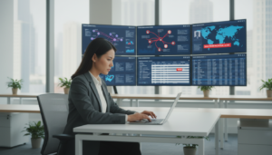 A photorealistic depiction of a modern corporate office space focusing on sanctions screening. In the foreground, a professional woman in business attire is analyzing data on a sleek laptop, her expression focused and serious. In the middle, an array of digital screens displays intricate graphs, customer profiles, and alerts indicating sanctions checks. In the background, a minimalist office decor with plants and large windows allowing natural light to illuminate the space, creating a bright and engaging atmosphere. The color palette is clean and corporate, featuring whites, blues, and grays, emphasizing a sense of security and professionalism. The overall mood conveys diligence and compliance, ideal for showcasing an efficient sanctions screening process.