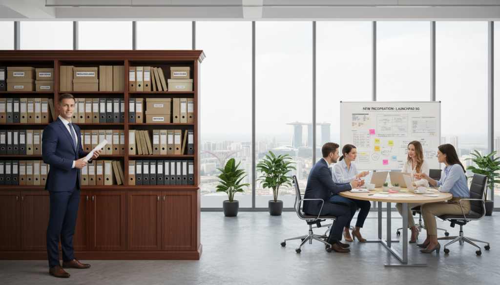 A photorealistic depiction of a modern office environment in Singapore, split into two distinct sections representing "shelf company" and "new incorporation." In the foreground, on the left, a professional businessperson in formal attire stands next to a sleek shelf showcasing completed documents and old files, symbolizing the established shelf company. The individual appears confident and knowledgeable. In the middle, a diverse group of professionals in business casual clothing collaborates around a table filled with fresh incorporation paperwork, laptops, and coffee cups, signifying the dynamic atmosphere of new business formation. The background features Singapore’s skyline through large glass windows, with soft, natural lighting pouring in, creating a positive and productive mood throughout the space.