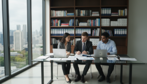 A photorealistic depiction of a modern office setting focused on tax compliance for foreign-owned businesses in Singapore. In the foreground, a diverse group of three professionals in business attire—an Asian woman, a Caucasian man, and a South Asian man—are collaborating over financial documents and laptops on a sleek glass table. The middle layer showcases a large window revealing Singapore's iconic skyline, bathed in natural daylight, casting soft shadows across the room. In the background, a sophisticated bookshelf filled with financial books and tax compliance resources adds depth to the scene. The atmosphere is focused and professional, conveying a sense of diligence and attention to detail in the realm of tax compliance.