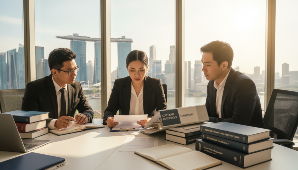 A photorealistic depiction of a modern office setting illustrating director appointments and core duties under Singapore law. In the foreground, a diverse group of three professionals in business attire—two men and one woman—are engaged in a focused discussion, reviewing legal documents and a corporate governance framework. The middle ground features a large conference table with a laptop, notepads, and legal books about director responsibilities in Singapore, symbolizing the meticulous nature of their roles. The background reveals large windows with a cityscape view of Singapore, complemented by warm, natural lighting flooding the room. The mood is serious yet collaborative, reflecting the importance of compliance and governance in business leadership. A photorealistic depiction of a modern office setting illustrating director appointments and core duties under Singapore law. In the foreground, a diverse group of three professionals in business attire—two men and one woman—are engaged in a focused discussion, reviewing legal documents and a corporate governance framework. The middle ground features a large conference table with a laptop, notepads, and legal books about director responsibilities in Singapore, symbolizing the meticulous nature of their roles. The background reveals large windows with a cityscape view of Singapore, complemented by warm, natural lighting flooding the room. The mood is serious yet collaborative, reflecting the importance of compliance and governance in business leadership.