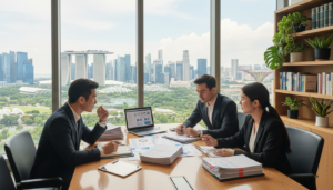 A photorealistic depiction of a modern office setting in Singapore, focusing on the theme of “Pre-registration requirements for foreign companies.” In the foreground, a diverse group of three professionals in business attire—two men and one woman—are engaged in a discussion around a sleek conference table covered with documents and a laptop. The middle layer features a large window with a view of Singapore’s skyline, showcasing iconic buildings and greenery. The background includes shelves with books and plants, creating a professional atmosphere. Soft, natural lighting streams in from the window, highlighting the earnest expressions on the professionals' faces. The overall mood is collaborative and focused, emphasizing the serious nature of the pre-registration process.
