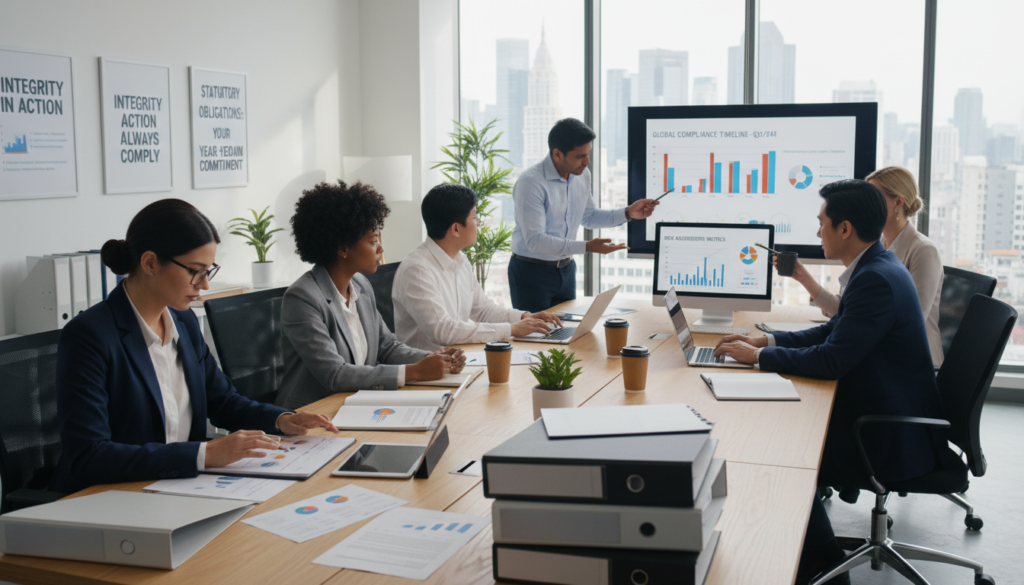 A photorealistic depiction of a modern office setting, showcasing a diverse group of professionals engaged in various compliance-related tasks. In the foreground, a focused woman in professional attire is reviewing documents with a serious expression, surrounded by stacks of paperwork and digital devices. The middle layer features a collaborative table where colleagues of different ethnicities discuss compliance strategies, pointing at charts and timelines displayed on a laptop. In the background, a large window allows natural light to flood the room, highlighting motivational compliance posters on the walls. The atmosphere is energetic and focused, suggesting the importance of ongoing statutory obligations throughout the year in a bustling office environment.