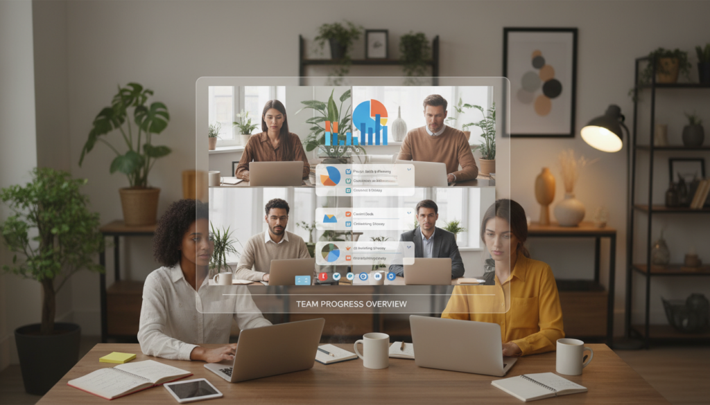 A photorealistic depiction of a modern remote team workflow. In the foreground, a diverse group of professionals is engaging in a video conference, each in their individual home offices with laptops open. They are dressed in smart casual attire and appear focused, with notes and digital planners around them. In the middle, a digital dashboard displays colorful charts and task lists, symbolizing clear visibility and task management. The background features soft lighting that creates an inviting atmosphere, with houseplants and minimalistic decor enhancing productivity. The overall mood conveys teamwork and collaboration, emphasizing effective workflow management in a digitally connected environment. The angle is a slightly elevated view, capturing both the participants and the digital workspace prominently.