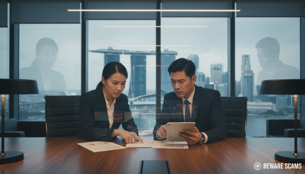 A photorealistic depiction of a modern, sleek virtual office environment in Singapore, showcasing elements of deception and caution. In the foreground, include a well-dressed professional male and female pair, looking concerned as they examine suspicious documents on a polished conference table. The middle ground features a large window with a view of Singapore's skyline, partially obscured by reflective blinds, creating a sense of unease. In the background, subtly incorporate shadowy figures or distorted reflections to symbolize the lurking threat of scammers. Use soft, warm lighting to create a contrast with the ominous elements, capturing a tense yet realistic atmosphere that reflects vigilance against fraud. The overall composition should evoke a feeling of alertness and caution, emphasizing the urgency of being aware of scams.