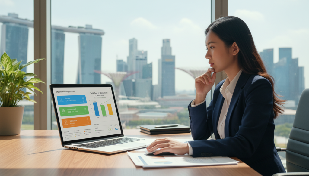 A photorealistic depiction of a modern software interface showcasing various pricing models for expense management. In the foreground, a sleek laptop on a wooden desk displays colorful charts and graphs representing different pricing tiers. A professional businesswoman, dressed in smart attire, is reviewing the data, her expression focused and thoughtful. In the middle ground, a large window reveals an urban Singapore skyline, hinting at the business context. The lighting is bright and natural, streaming in from the window, creating a vibrant yet professional atmosphere. The background subtly includes a potted plant and a few business documents, enhancing the workspace feel while emphasizing a sense of clarity and professionalism about total cost of ownership. A photorealistic depiction of a modern software interface showcasing various pricing models for expense management. In the foreground, a sleek laptop on a wooden desk displays colorful charts and graphs representing different pricing tiers. A professional businesswoman, dressed in smart attire, is reviewing the data, her expression focused and thoughtful. In the middle ground, a large window reveals an urban Singapore skyline, hinting at the business context. The lighting is bright and natural, streaming in from the window, creating a vibrant yet professional atmosphere. The background subtly includes a potted plant and a few business documents, enhancing the workspace feel while emphasizing a sense of clarity and professionalism about total cost of ownership.