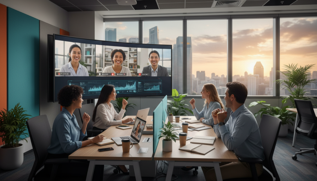 A photorealistic depiction of a modern, vibrant workspace designed for remote team collaboration. In the foreground, a diverse group of four professionals—two women and two men—are engaged in a video call on a large screen, all dressed in smart casual attire. Their expressions convey focus and enthusiasm. The middle ground features sleek desks with laptops, notes, and coffee cups, emphasizing a productive atmosphere. The background includes large windows with views of Singapore's skyline, allowing natural light to flood the room, creating a bright and motivating environment. The overall mood is one of connection and efficient communication, highlighting modern technology that minimizes delays and misunderstandings among remote team members.