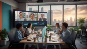 A photorealistic depiction of a modern, vibrant workspace designed for remote team collaboration. In the foreground, a diverse group of four professionals—two women and two men—are engaged in a video call on a large screen, all dressed in smart casual attire. Their expressions convey focus and enthusiasm. The middle ground features sleek desks with laptops, notes, and coffee cups, emphasizing a productive atmosphere. The background includes large windows with views of Singapore's skyline, allowing natural light to flood the room, creating a bright and motivating environment. The overall mood is one of connection and efficient communication, highlighting modern technology that minimizes delays and misunderstandings among remote team members.