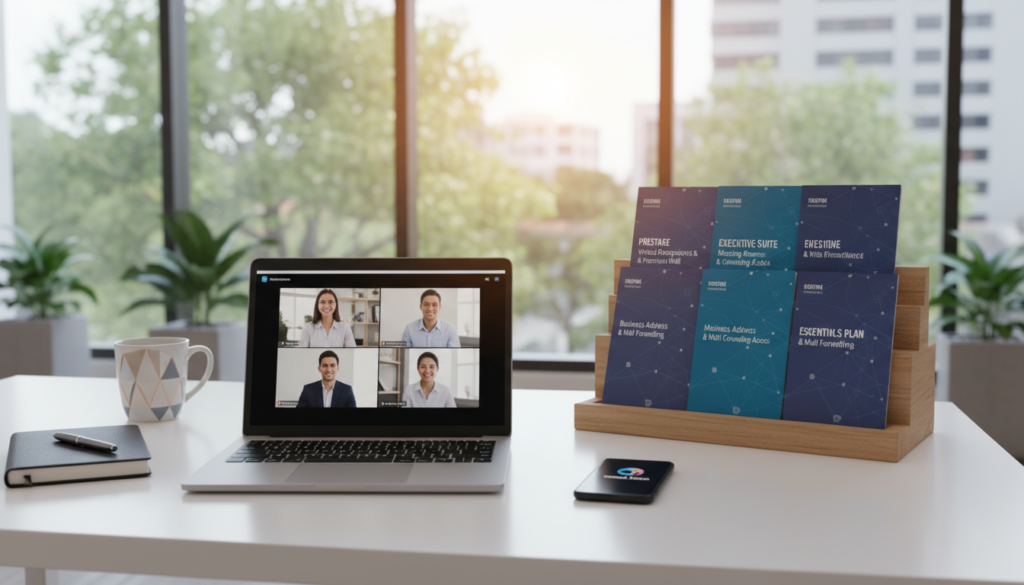 A photorealistic depiction of a modern virtual office setup focused on packages and offerings. In the foreground, showcase a sleek, minimalist desk with a high-end laptop open, accompanied by stylish stationery and a smartphone displaying a virtual meeting interface. In the middle ground, present a well-organized display of virtual office package brochures, highlighting services like virtual receptionist, mail handling, and meeting room access. In the background, include a softly blurred view of a contemporary office space with large windows, natural light streaming in, and greenery outside to evoke a productive atmosphere. The mood is professional yet inviting, emphasizing efficiency and innovation in a virtual work environment. Use a slightly elevated angle to capture the entire scene. A photorealistic depiction of a modern virtual office setup focused on packages and offerings. In the foreground, showcase a sleek, minimalist desk with a high-end laptop open, accompanied by stylish stationery and a smartphone displaying a virtual meeting interface. In the middle ground, present a well-organized display of virtual office package brochures, highlighting services like virtual receptionist, mail handling, and meeting room access. In the background, include a softly blurred view of a contemporary office space with large windows, natural light streaming in, and greenery outside to evoke a productive atmosphere. The mood is professional yet inviting, emphasizing efficiency and innovation in a virtual work environment. Use a slightly elevated angle to capture the entire scene.