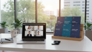 A photorealistic depiction of a modern virtual office setup focused on packages and offerings. In the foreground, showcase a sleek, minimalist desk with a high-end laptop open, accompanied by stylish stationery and a smartphone displaying a virtual meeting interface. In the middle ground, present a well-organized display of virtual office package brochures, highlighting services like virtual receptionist, mail handling, and meeting room access. In the background, include a softly blurred view of a contemporary office space with large windows, natural light streaming in, and greenery outside to evoke a productive atmosphere. The mood is professional yet inviting, emphasizing efficiency and innovation in a virtual work environment. Use a slightly elevated angle to capture the entire scene.