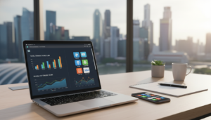 A photorealistic depiction of a modern workspace focused on digital payment solutions. In the foreground, a sleek laptop displaying a vibrant dashboard of various payment platforms, showcasing graphs and transaction metrics. Beside it, a mobile device with prominent payment app icons. The middle ground features a stylish office setup with a neatly arranged desk, a notepad, and a pen, conveying an air of productivity. In the background, soft-focus elements like a large window with a view of Singapore's skyline, illuminated by bright daylight, enhance the professional atmosphere. The lighting is bright and inviting, creating a sense of clarity and innovation. The overall mood is sophisticated and modern, emphasizing the importance of digital payment solutions in remote business.