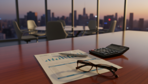 A photorealistic depiction of a neatly arranged financial statement on a polished wooden desk, accompanied by a pen, calculator, and a pair of reading glasses. In the foreground, focus on the financial statement, detailed with charts, graphs, and numerical data, illuminated by soft, natural lighting from a nearby window. The middle background features a blurred but sophisticated conference room setting, with a round table and modern office chairs, suggesting a professional atmosphere. In the distant background, large windows reveal a city skyline, partially shrouded in the golden glow of dusk, enhancing the mood of corporate professionalism and compliance. The overall tone is formal and focused, suitable for a business context.