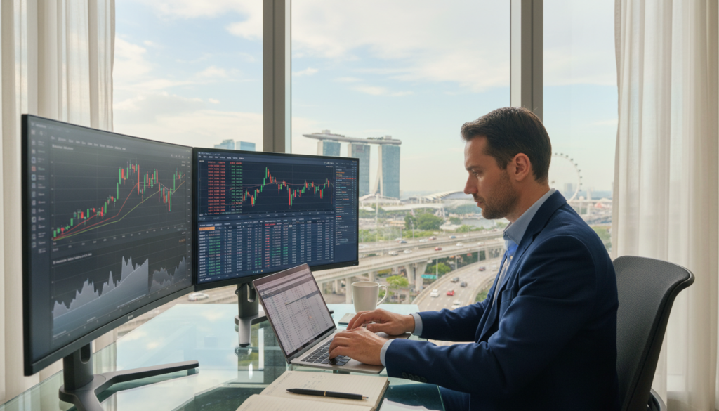 A photorealistic depiction of a professional financial analyst in a modern office environment. In the foreground, a focused individual in business attire engages with a sleek laptop, surrounded by detailed financial charts and graphs displayed on multiple screens. The middle ground features a large glass window showing a panoramic view of Singapore's skyline, with hints of busy city life. In the background, soft, diffused natural light filters in, creating a calm yet dynamic atmosphere. The color palette includes cool blues and grays, emphasizing a sense of clarity and professionalism. The scene conveys a mood of analytical precision, highlighting the importance of analysis and reporting in finance and trading operations. The overall composition is balanced, ensuring all elements harmonize to reflect expertise in financial services.