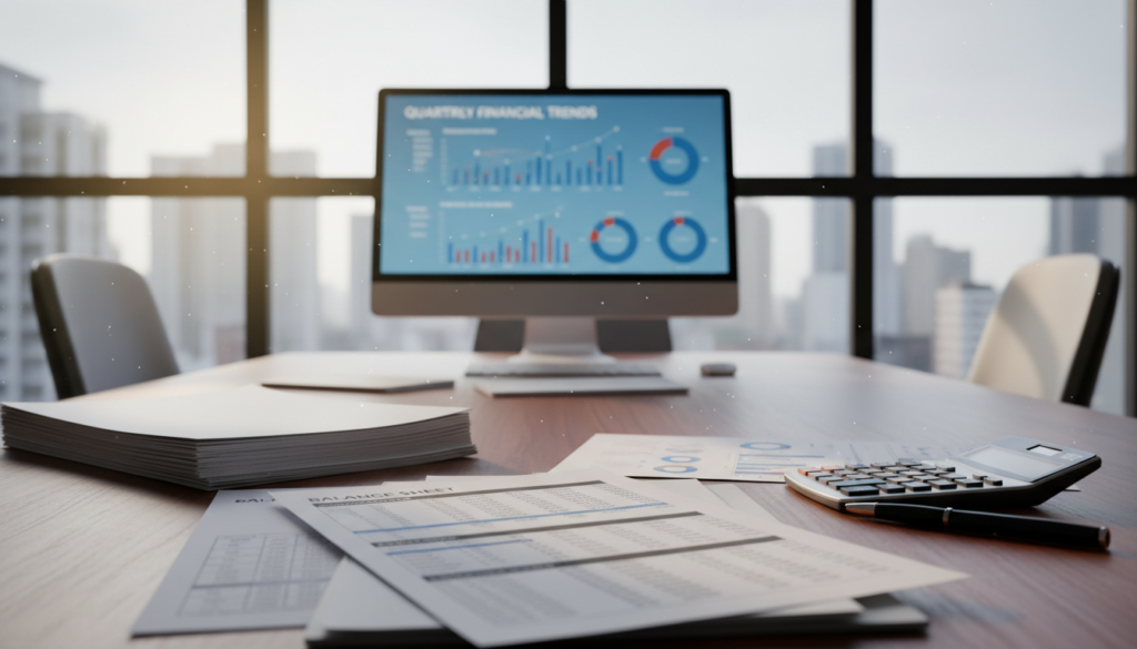 A photorealistic depiction of a professional office setting featuring financial statements laid out on a sleek wooden conference table. In the foreground, a set of neatly arranged documents includes balance sheets and profit-loss statements, with a calculator and a pen beside them. The middle ground shows a computer screen displaying graphs illustrating financial trends. In the background, a large window filters in soft, natural light, casting a warm glow over the scene. The atmosphere is focused and serious, reflecting the importance of timely financial reporting. Capture the mood of urgency and professionalism, ensuring there are no people in the image to emphasize the documents themselves.