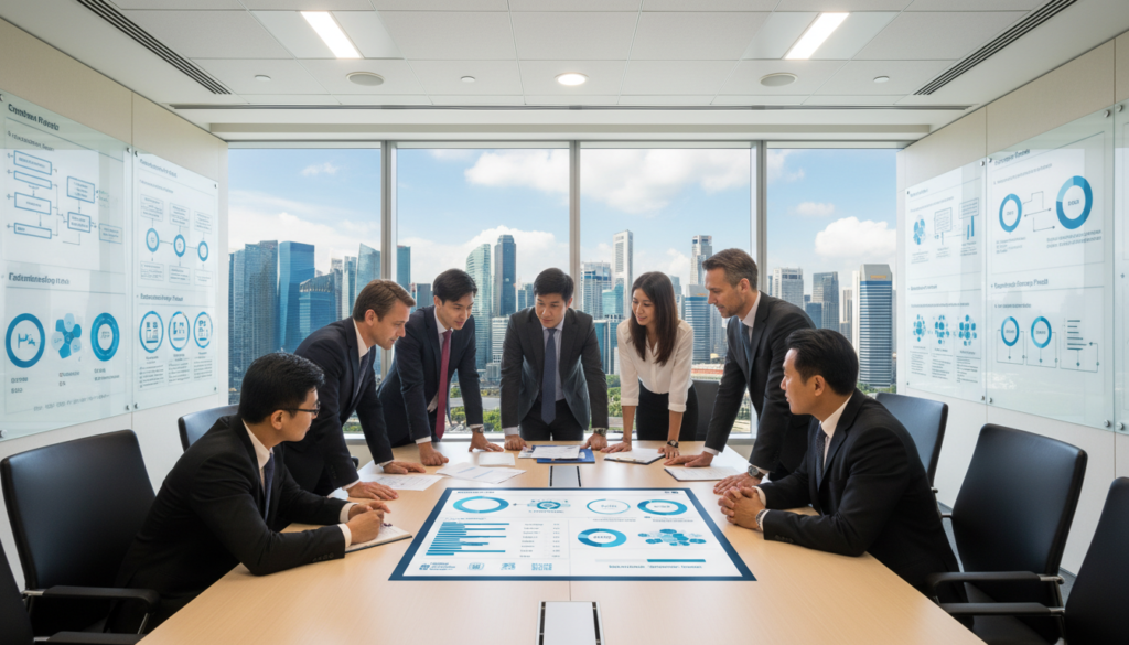 A photorealistic depiction of a professional office setting focused on the Central Provident Fund. In the foreground, there’s a modern conference table with a tablet showing a digital interface of provident fund data. Professionals, dressed in business attire, are engaged in discussion, with a diverse group of people representing various nationalities to highlight the foreign staff aspect. In the middle ground, a large window reveals a sunny skyline of Singapore, with skyscrapers symbolizing growth and stability. In the background, a wall displays charts and infographics about social security rules. The lighting is bright and welcoming, casting soft shadows, creating a productive atmosphere. The angle captures the entire scene, emphasizing collaboration and professionalism. A photorealistic depiction of a professional office setting focused on the Central Provident Fund. In the foreground, there’s a modern conference table with a tablet showing a digital interface of provident fund data. Professionals, dressed in business attire, are engaged in discussion, with a diverse group of people representing various nationalities to highlight the foreign staff aspect. In the middle ground, a large window reveals a sunny skyline of Singapore, with skyscrapers symbolizing growth and stability. In the background, a wall displays charts and infographics about social security rules. The lighting is bright and welcoming, casting soft shadows, creating a productive atmosphere. The angle captures the entire scene, emphasizing collaboration and professionalism.