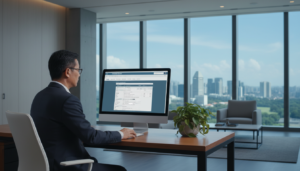 A photorealistic depiction of a professional workspace showcasing a computer screen displaying the CPF (Central Provident Fund) Employer Account interface. In the foreground, a well-dressed business professional, a middle-aged Asian man, is seated at a sleek desk, intently reviewing the details on the screen. The middle layer features a modern office setting with stylish furniture, a potted plant, and soft lighting that creates a warm atmosphere. In the background, large windows allow natural light to enter, revealing a glimpse of Singapore's skyline. The mood is focused and serious, reflecting the importance of managing statutory obligations. The overall composition emphasizes clarity and professionalism, without any text or graphic overlays.