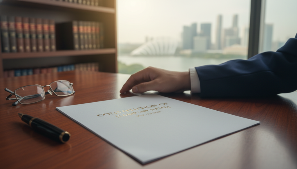 A photorealistic depiction of a standard company constitution document prominently displayed on a polished wooden desk. In the foreground, the constitution features elegantly embossed lettering with a subtle sheen, surrounded by a stylish fountain pen and a pair of glasses, suggesting an air of professionalism. In the middle ground, a blurred hand of a professional in business attire reaches for the document, indicating engagement with the content. In the background, a softly lit office setting includes a sleek bookshelf filled with legal texts and a serene window view showcasing the skyline of Singapore. The warm, inviting lighting creates a calm and authoritative atmosphere, conducive to serious discussion and reflection on corporate governance. The overall image should evoke a sense of trust, clarity, and professionalism, suitable for a guide on company constitutions in Singapore. A photorealistic depiction of a standard company constitution document prominently displayed on a polished wooden desk. In the foreground, the constitution features elegantly embossed lettering with a subtle sheen, surrounded by a stylish fountain pen and a pair of glasses, suggesting an air of professionalism. In the middle ground, a blurred hand of a professional in business attire reaches for the document, indicating engagement with the content. In the background, a softly lit office setting includes a sleek bookshelf filled with legal texts and a serene window view showcasing the skyline of Singapore. The warm, inviting lighting creates a calm and authoritative atmosphere, conducive to serious discussion and reflection on corporate governance. The overall image should evoke a sense of trust, clarity, and professionalism, suitable for a guide on company constitutions in Singapore.