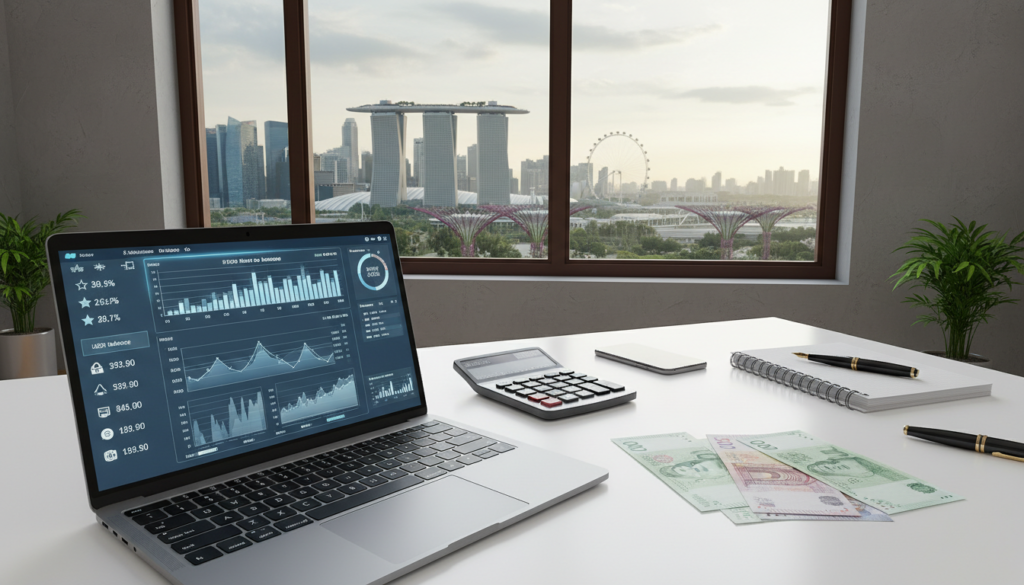 A photorealistic depiction of account funds, showcasing a modern office environment that suggests remote work capabilities. In the foreground, an open laptop displays a detailed digital dashboard of currency balances with various international currencies illustrated. There are stacks of currency notes—Singapore Dollars, US Dollars, and Euros—arranged neatly. The middle ground features a sleek, minimalist desk with business essentials like a calculator, notepad, and a stylish pen. In the background, a large window lets in soft, natural light, highlighting a city skyline view of Singapore. The atmosphere is professional and efficient, evoking a sense of security and trust in financial management for remote businesses. The lighting is bright and inviting, captured from a slight angle to enhance depth. A photorealistic depiction of account funds, showcasing a modern office environment that suggests remote work capabilities. In the foreground, an open laptop displays a detailed digital dashboard of currency balances with various international currencies illustrated. There are stacks of currency notes—Singapore Dollars, US Dollars, and Euros—arranged neatly. The middle ground features a sleek, minimalist desk with business essentials like a calculator, notepad, and a stylish pen. In the background, a large window lets in soft, natural light, highlighting a city skyline view of Singapore. The atmosphere is professional and efficient, evoking a sense of security and trust in financial management for remote businesses. The lighting is bright and inviting, captured from a slight angle to enhance depth.