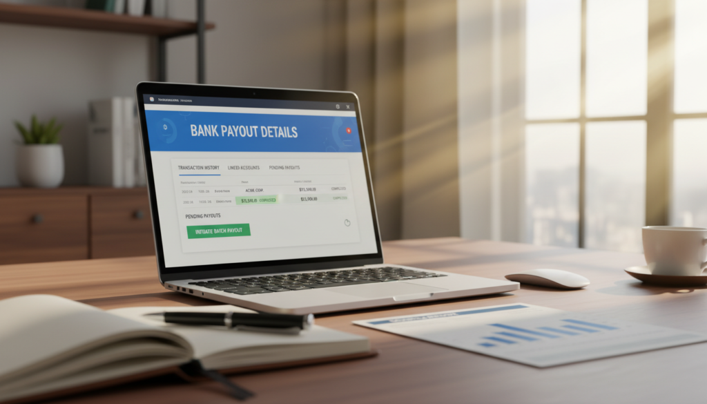 A photorealistic depiction of bank payout details, featuring a close-up view of a modern laptop screen displaying a financial dashboard with payout information. In the foreground, a neatly organized workspace with a stylish notebook, a pen, and a financial statement awaiting review. The middle layer includes the laptop, which is highlighting key financial metrics, such as transaction histories and bank account linkage options. The background showcases a softly blurred office environment with warm lighting filtering through a large window, creating a professional and inviting atmosphere. Soft shadows are cast to add depth, and a small potted plant adds a touch of life to the scene, evoking a sense of efficiency and professionalism. A photorealistic depiction of bank payout details, featuring a close-up view of a modern laptop screen displaying a financial dashboard with payout information. In the foreground, a neatly organized workspace with a stylish notebook, a pen, and a financial statement awaiting review. The middle layer includes the laptop, which is highlighting key financial metrics, such as transaction histories and bank account linkage options. The background showcases a softly blurred office environment with warm lighting filtering through a large window, creating a professional and inviting atmosphere. Soft shadows are cast to add depth, and a small potted plant adds a touch of life to the scene, evoking a sense of efficiency and professionalism.