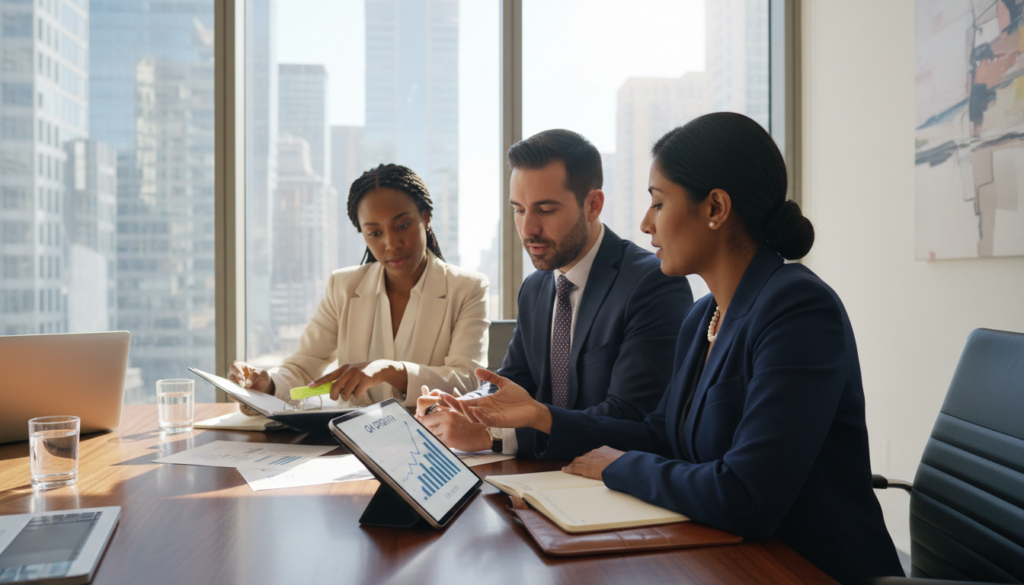 A photorealistic depiction of corporate governance in action, showcasing a diverse group of professionals engaged in a strategic meeting around a modern conference table. In the foreground, a South Asian woman in a tailored blazer points at a digital tablet displaying a chart, while a Caucasian man in a suit takes notes. In the middle ground, a Black woman and a Hispanic man review documents, exuding collaboration and focus. The background features large windows with city skyline views, bathed in natural light, emphasizing transparency and openness. The mood is professional and dynamic, conveying the essence of good governance principles for SMEs. The image should evoke a sense of teamwork, integrity, and forward-thinking. A photorealistic depiction of corporate governance in action, showcasing a diverse group of professionals engaged in a strategic meeting around a modern conference table. In the foreground, a South Asian woman in a tailored blazer points at a digital tablet displaying a chart, while a Caucasian man in a suit takes notes. In the middle ground, a Black woman and a Hispanic man review documents, exuding collaboration and focus. The background features large windows with city skyline views, bathed in natural light, emphasizing transparency and openness. The mood is professional and dynamic, conveying the essence of good governance principles for SMEs. The image should evoke a sense of teamwork, integrity, and forward-thinking.