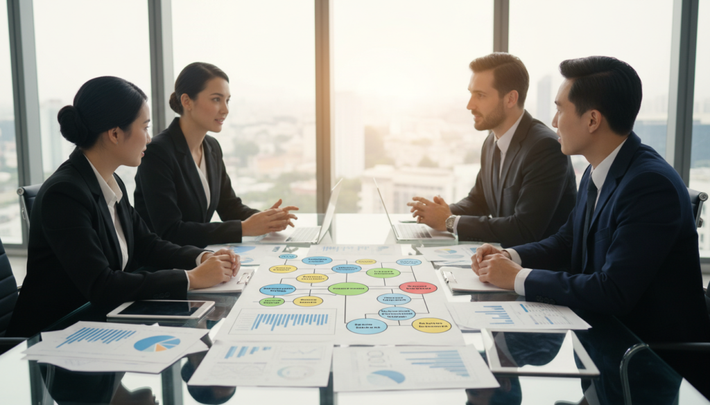 A photorealistic, detailed illustration of "MAS Notices mapping" in a professional context. The foreground features a diverse group of individuals in smart business attire engaged in a collaborative discussion. They are gathered around a large, clear table filled with documents and digital devices, such as laptops and tablets, displaying charts and graphs about MAS Notices. In the middle, several colorful, interconnected flowcharts and mind maps are visually represented, outlining the different MAS Notices and sector rules. The background showcases a modern office environment with large windows letting in soft, natural light, enhancing a focused and dynamic atmosphere. The angle is slightly elevated, capturing both the people and the intricate details of the mapping process, conveying a sense of collaboration and compliance in action.