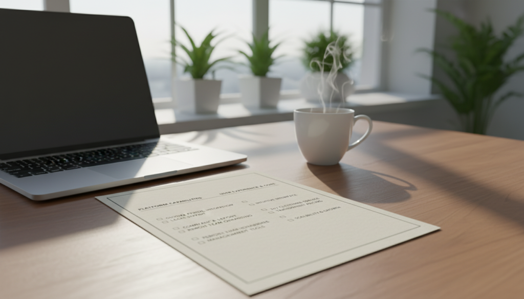 A photorealistic evaluation checklist prominently displayed on a sleek, modern wooden desk, with a laptop and a steaming cup of coffee in the foreground. The checklist is neatly arranged, featuring clear bullet points and checkable boxes. Soft, natural light filters through a large window in the background, casting gentle shadows on the desk, creating a warm and inviting atmosphere. Green plants are placed subtly in the background, enhancing the sense of professionalism and vitality. The scene captures a focused, organized workspace ideal for decision-making. The image highlights important elements of global employment platforms, inviting potential buyers to reflect on their evaluations, without any text or distractions.