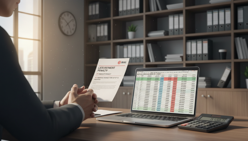 A photorealistic illustration depicting a business office environment focused on tax penalties. In the foreground, a close-up of a distressed accountant's hands, holding a late payment penalty notice from IRAS, featuring clear, detailed text describing the 5% and monthly penalties. In the middle, an open laptop displays a spreadsheet with accumulating penalty amounts, representing the buildup over time. A calculator rests next to the laptop, highlighting the urgency of financial calculations. The background features a modern office with shelves lined with financial books, documents, and a clock indicating late hours. Soft, natural lighting filters through a window, creating a contemplative, serious mood, emphasizing the weight of financial responsibilities.