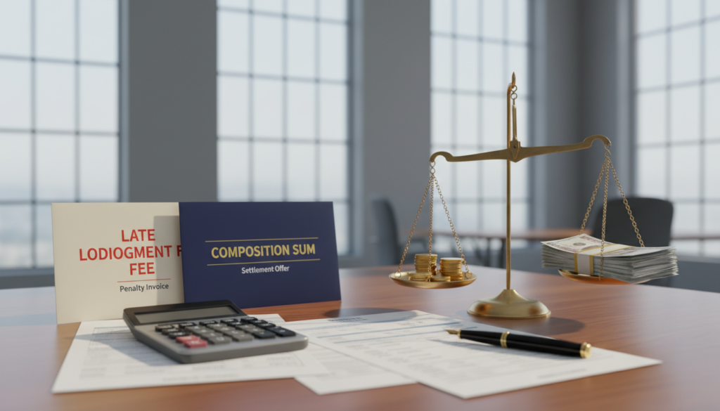 A photorealistic illustration depicting the concept of "Late Lodgement Fee vs Composition Sum." In the foreground, a polished wooden desk filled with neatly organized documents, including a calculator, a pen, and financial statements reflecting penalties. To the left, an official-looking envelope labeled 'Late Lodgement Fee' and a contrasting envelope labeled 'Composition Sum' are prominently displayed. In the middle, a scale showing balance between the two concepts, symbolizing comparison, with gold coins on one side and bills on the other. The background features a blurred office environment with grey walls and soft natural lighting streaming through tall windows, creating a professional and serious atmosphere, hinting at the financial implications of late filings. The angle should be slightly elevated, emphasizing a thorough examination of the subject matter.