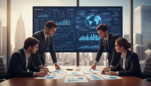 A photorealistic illustration depicting the concept of "Section 10L gains" related to foreign-sourced capital gains tax. In the foreground, a diverse group of professionals in smart business attire stands engaged in a discussion around a conference table, with detailed charts and graphs highlighting gains from foreign investments spread out before them. In the middle, a large digital screen displays complex data and visualizations of global markets, emphasizing M&A and restructuring dynamics. In the background, a modern office environment with large windows showcases a city skyline, bathed in warm daylight, creating an atmosphere of focus and opportunity. The composition conveys a sense of collaboration and strategic planning, with an emphasis on professionalism and international finance.