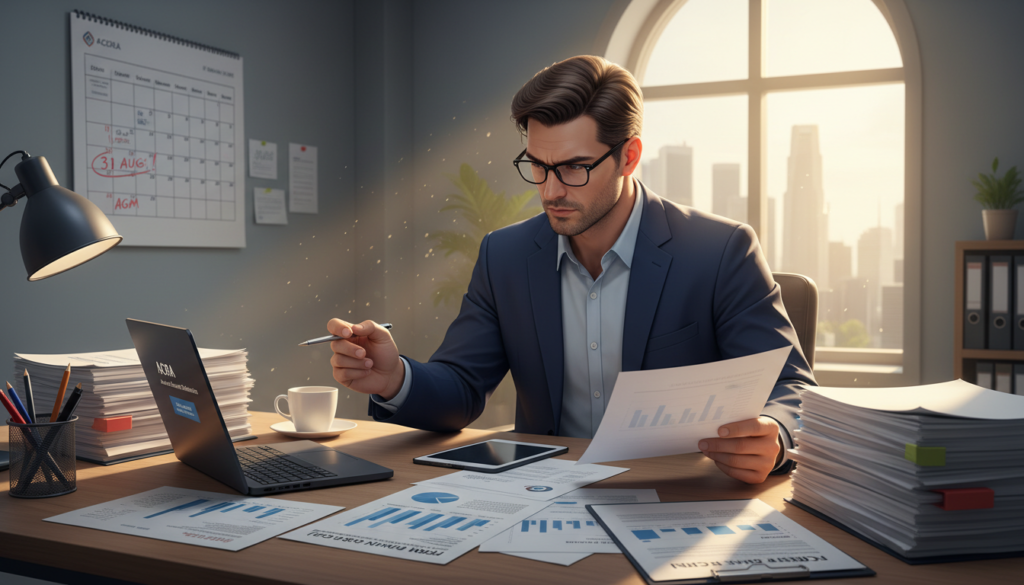 A photorealistic illustration depicting the concept of an "ACRA annual return" submission in a corporate setting. In the foreground, a well-organized desk displays a variety of documents including forms, financial statements, and a laptop open to a submission portal. Behind the desk, a professional in business attire reviews the papers, showcasing a focused and diligent expression. The middle ground features a calendar on the wall marked with important dates and reminders related to filing. In the background, a large window lets in soft, natural light, casting a warm glow on the scene, enhancing the feeling of a productive office space. The atmosphere is calm yet diligent, emphasizing attention to detail and timeliness in filing. A photorealistic illustration depicting the concept of an "ACRA annual return" submission in a corporate setting. In the foreground, a well-organized desk displays a variety of documents including forms, financial statements, and a laptop open to a submission portal. Behind the desk, a professional in business attire reviews the papers, showcasing a focused and diligent expression. The middle ground features a calendar on the wall marked with important dates and reminders related to filing. In the background, a large window lets in soft, natural light, casting a warm glow on the scene, enhancing the feeling of a productive office space. The atmosphere is calm yet diligent, emphasizing attention to detail and timeliness in filing.