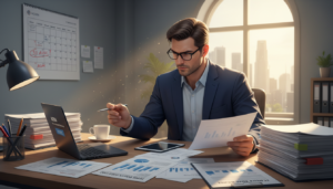 A photorealistic illustration depicting the concept of an "ACRA annual return" submission in a corporate setting. In the foreground, a well-organized desk displays a variety of documents including forms, financial statements, and a laptop open to a submission portal. Behind the desk, a professional in business attire reviews the papers, showcasing a focused and diligent expression. The middle ground features a calendar on the wall marked with important dates and reminders related to filing. In the background, a large window lets in soft, natural light, casting a warm glow on the scene, enhancing the feeling of a productive office space. The atmosphere is calm yet diligent, emphasizing attention to detail and timeliness in filing.