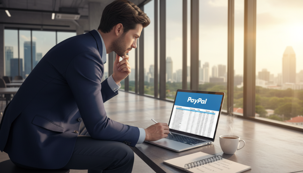 A photorealistic illustration of a modern office setting in Singapore, featuring a sleek laptop displaying the PayPal logo and an open spreadsheet showing various business account fees. In the foreground, a professional-looking businessperson wearing smart attire reviews the numbers with a thoughtful expression, analyzing the fees. In the middle ground, a cup of coffee and a notepad filled with notes about transaction costs add depth. The background consists of a stylish office with large glass windows showcasing a cityscape, reflecting sunlight. The lighting is bright and warm, creating an inviting atmosphere that conveys professionalism and focus. The angle captures the scene from slightly above, emphasizing both the person and the laptop, ensuring no text or logos are visible beyond the PayPal branding.