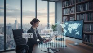 A photorealistic illustration of a modern office setting that conveys the concept of foreign-sourced income. In the foreground, a professional woman in business attire is reviewing financial documents, with a focus on international currency notes and graphs representing foreign investments. In the middle ground, a large window showcases a city skyline, symbolizing global business connections. On the desk, there are digital devices displaying world maps with dotted lines leading to different countries, indicating income flow. The background features a bookshelf filled with international tax law books, enhancing the professional atmosphere. The lighting is bright and natural, streaming through the window, creating an atmosphere of clarity and focus. The overall mood is serious and informative, reflecting the importance of understanding tax obligations related to foreign income.