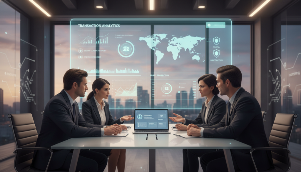 A photorealistic illustration of the Shopify payments process, featuring a professional business environment. In the foreground, a diverse group of individuals in business attire are engaged in a discussion around a sleek, modern table, with a laptop open displaying the Shopify Payments dashboard. The middle ground showcases a large digital screen displaying key payment features like transaction analytics and currency support. The background includes subtle branding elements referencing Shopify, with a clean, organized office space and soft ambient lighting giving an inviting atmosphere. The scene captures a sense of collaboration and professionalism, emphasizing the efficiency of the Shopify payments system, all while maintaining focus on the technology involved.