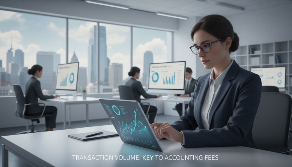 A photorealistic illustration representing the concept of "transaction volume" in the context of accounting services. In the foreground, a professional accountant in business attire examines a digital tablet displaying complex charts and graphs symbolizing data influx and transaction metrics. In the middle ground, a modern office environment with sleek desks and a computer monitor showing a visual dashboard of increasing financial figures. In the background, large windows provide city skyline views, reflecting a bustling business atmosphere. Soft, ambient lighting illuminates the scene, creating a focused yet dynamic mood. The composition captures the essence of professionalism and the importance of understanding transaction volumes in determining accounting service fees. A photorealistic illustration representing the concept of "transaction volume" in the context of accounting services. In the foreground, a professional accountant in business attire examines a digital tablet displaying complex charts and graphs symbolizing data influx and transaction metrics. In the middle ground, a modern office environment with sleek desks and a computer monitor showing a visual dashboard of increasing financial figures. In the background, large windows provide city skyline views, reflecting a bustling business atmosphere. Soft, ambient lighting illuminates the scene, creating a focused yet dynamic mood. The composition captures the essence of professionalism and the importance of understanding transaction volumes in determining accounting service fees.