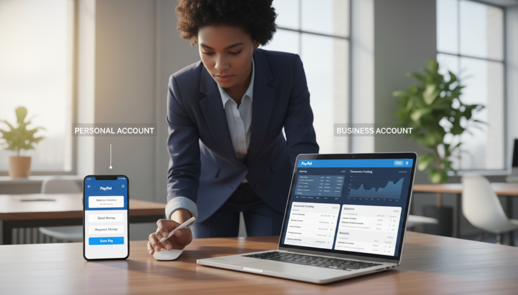A photorealistic illustration showcasing the features of a PayPal Business account contrasted with a personal PayPal account. In the foreground, display a sleek laptop open to the PayPal dashboard, highlighting business features like invoicing, transaction tracking, and analytics. To the left, feature a smartphone displaying the personal account interface, focusing on simpler features like sending money and balance overview. In the middle ground, place a professional individual in business attire, attentively analyzing both screens, symbolizing a business decision-maker. The background should subtly include a modern office environment with soft, natural lighting, creating an atmosphere of professionalism and focus. Use a slight overhead angle to enhance depth and draw attention to the interface details.