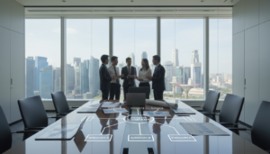 A photorealistic image capturing the concept of a corporate subsidiary structure. In the foreground, a modern office setting featuring a sleek conference table with digital devices, charts, and blueprints depicting various corporate structures. In the middle ground, a glass partition showcasing a team of professionals in formal business attire engaged in discussion, symbolizing collaboration. In the background, a large window providing a panoramic view of Singapore's city skyline, highlighting iconic skyscrapers. The lighting is bright and natural, reflecting a productive atmosphere, with soft shadows adding depth. The overall mood is focused and dynamic, conveying a sense of professionalism and strategic planning in the corporate world.