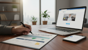 A photorealistic image depicting a PayPal business decision checklist laid out on a sleek wooden desk in a modern office. In the foreground, a hand reaching for a pen is poised above the checklist, which includes visually appealing icons and bullet points related to business considerations for a PayPal account in Singapore. The middle ground features a stylish laptop open with the PayPal website visible, alongside a smartphone displaying business notifications. In the background, a well-organized office environment with soft, natural lighting creates a professional and inviting atmosphere. The scene captures a mood of careful deliberation, suggesting professionalism and the importance of making informed business choices.