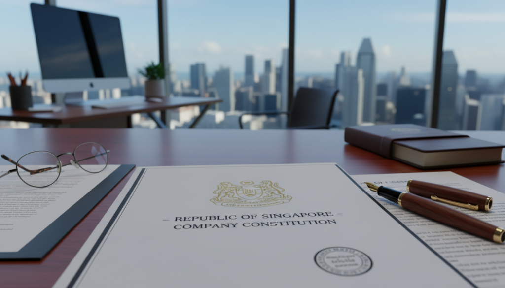 A photorealistic image depicting a Singaporean company constitution document prominently displayed in the foreground, resting on a polished wooden desk. The document should be elegantly designed, featuring the emblem of Singapore at the top, surrounded by legal paraphernalia such as a pair of reading glasses and a polished pen. In the middle ground, hints of a modern office space can be seen with soft ambient lighting creating a professional atmosphere. The background showcases a blurred view of a city skyline, representing Singapore's vibrant business environment. The overall mood should convey professionalism, clarity, and the significance of legal documentation in a corporate setting, inviting viewers to engage with the complexities of company law. A photorealistic image depicting a Singaporean company constitution document prominently displayed in the foreground, resting on a polished wooden desk. The document should be elegantly designed, featuring the emblem of Singapore at the top, surrounded by legal paraphernalia such as a pair of reading glasses and a polished pen. In the middle ground, hints of a modern office space can be seen with soft ambient lighting creating a professional atmosphere. The background showcases a blurred view of a city skyline, representing Singapore's vibrant business environment. The overall mood should convey professionalism, clarity, and the significance of legal documentation in a corporate setting, inviting viewers to engage with the complexities of company law.