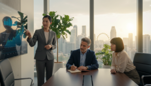A photorealistic image depicting a diverse group of business professionals in a modern office conference room in Singapore. In the foreground, a confident woman in a tailored suit is presenting graphs on a digital screen, illustrating shareholder data. Beside her, a middle-aged man in a smart blazer takes notes, while a young woman in professional attire looks intently at the presentation. In the middle ground, there's a large window with a view of Singapore's iconic skyline, bathed in warm daylight, creating an inviting atmosphere. The background features elegant plants and a sleek conference table. The overall mood is focused and collaborative, reflecting the significance of understanding shareholder rights. The lighting is bright and natural, enhancing the professionalism of the scene.
