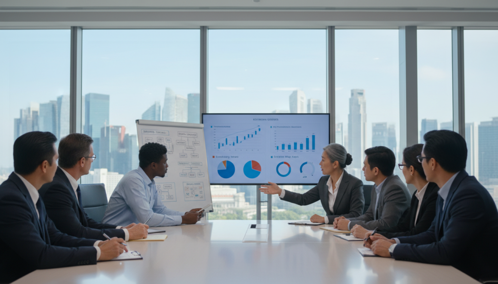 A photorealistic image depicting a diverse group of professional business people gathered around a modern conference table, deeply engaged in discussion. In the foreground, a mid-aged Asian woman in a tailored suit gestures toward a detailed chart illustrating business objectives and governance structures, while a young Black man in business casual attire takes notes. In the middle ground, a digital screen displays key performance indicators and strategy maps that align with the company's goals. The background features glass windows showing a skyline of Singapore, suggesting a bright future. The atmosphere is collaborative and focused, with soft, natural lighting highlighting the expressions of determination and innovative thinking among the participants. The angle captures the table and participants from a slightly elevated perspective to convey a sense of inclusivity and engagement. A photorealistic image depicting a diverse group of professional business people gathered around a modern conference table, deeply engaged in discussion. In the foreground, a mid-aged Asian woman in a tailored suit gestures toward a detailed chart illustrating business objectives and governance structures, while a young Black man in business casual attire takes notes. In the middle ground, a digital screen displays key performance indicators and strategy maps that align with the company's goals. The background features glass windows showing a skyline of Singapore, suggesting a bright future. The atmosphere is collaborative and focused, with soft, natural lighting highlighting the expressions of determination and innovative thinking among the participants. The angle captures the table and participants from a slightly elevated perspective to convey a sense of inclusivity and engagement.
