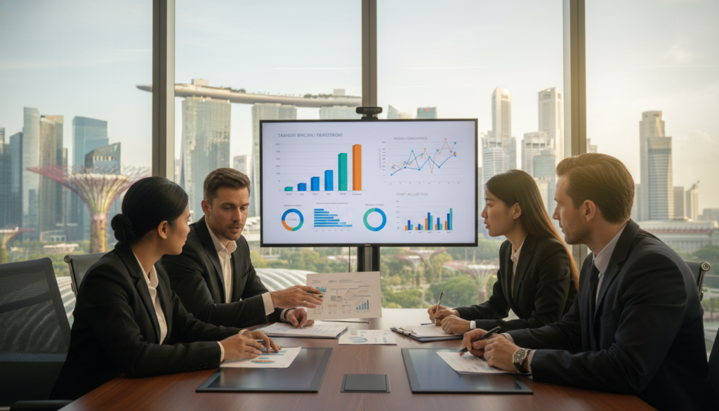 A photorealistic image depicting a modern corporate office in Singapore focused on transfer pricing for foreign-owned companies. In the foreground, a diverse group of professionals in business attire, including a Southeast Asian woman and a Caucasian man, engage in an animated discussion over documents and charts spread on a sleek conference table. In the middle, a large screen displays complex graphs and financial data relevant to transfer pricing strategies. The background features panoramic windows showcasing a vibrant city skyline, with the iconic Marina Bay Sands and Gardens by the Bay visible. Soft natural light filters through the office, creating a bright and optimistic atmosphere, with a slight depth of field effect emphasizing the professionals in the foreground and rendering the cityscape unobtrusive yet visible.