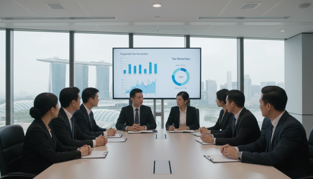 A photorealistic image depicting a modern office environment that symbolizes corporate tax in Singapore. In the foreground, a diverse group of business professionals, dressed in smart business attire, engages in discussion around a sleek conference table. Their expressions reflect focus and determination, highlighting the importance of tax strategy. In the middle ground, a large digital screen displays graphical representations of tax rates and incentives, with visuals that include charts and figures relevant to corporate tax residency. The background features a panoramic view of Singapore's skyline, showcasing iconic buildings like Marina Bay Sands. The lighting is bright and professional, creating an inviting atmosphere conducive to collaboration and strategic planning. The overall mood is dynamic and forward-thinking, emphasizing the significance of tax treatment for businesses in Singapore.