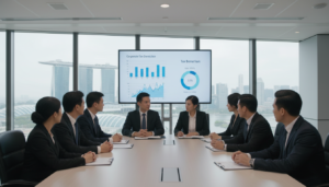 A photorealistic image depicting a modern office environment that symbolizes corporate tax in Singapore. In the foreground, a diverse group of business professionals, dressed in smart business attire, engages in discussion around a sleek conference table. Their expressions reflect focus and determination, highlighting the importance of tax strategy. In the middle ground, a large digital screen displays graphical representations of tax rates and incentives, with visuals that include charts and figures relevant to corporate tax residency. The background features a panoramic view of Singapore's skyline, showcasing iconic buildings like Marina Bay Sands. The lighting is bright and professional, creating an inviting atmosphere conducive to collaboration and strategic planning. The overall mood is dynamic and forward-thinking, emphasizing the significance of tax treatment for businesses in Singapore.