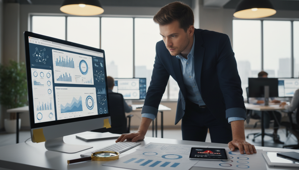A photorealistic image depicting a modern office setting focused on fraud prevention tools. In the foreground, a sleek desktop computer screen displays graphs and analytics related to transaction security, with a few open tabs showcasing fraud detection software. In the middle ground, a professional in business attire is analyzing data, looking intently at the screen, embodying concentration and diligence. Scattered around the desk are visual representations of common fraud tools, such as magnifying glasses, charts, and a smartphone displaying alerts. The background features a contemporary, bright office space with warm lighting, reflecting a serious but hopeful atmosphere of risk management and security. The overall mood conveys professionalism, diligence, and a proactive approach to managing financial risks.