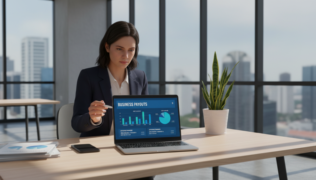 A photorealistic image depicting a modern office workspace focused on a bank account management theme. In the foreground, a sleek laptop displays an open digital banking interface showcasing payouts in Singapore dollars (SGD) with clear graphs and figures. A neatly arranged desk features documents such as financial reports and a trendy smartphone. In the middle ground, a professional individual dressed in business attire is analyzing the data, with a look of concentration, seated next to a potted plant that adds a hint of greenery. The background reveals a contemporary office setting with large windows allowing natural light to filter in, casting soft shadows and enhancing the atmosphere of a productive financial environment. The overall mood is focused and professional, reflecting the importance of understanding cash flow expectations for business payouts.